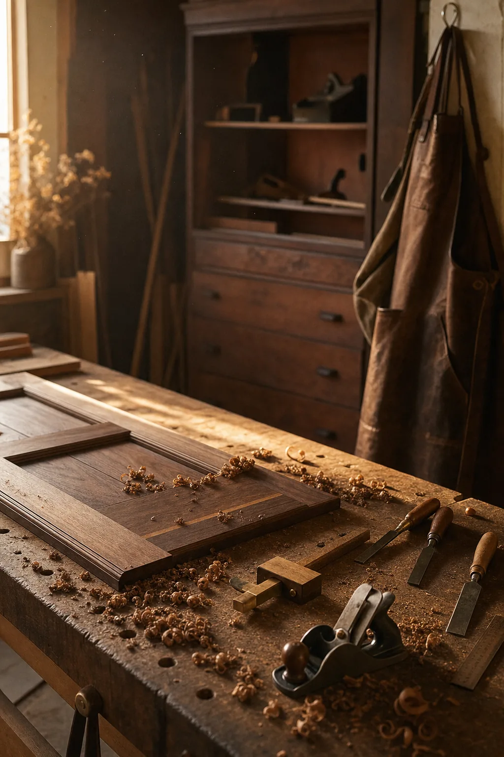 Workshop interior with woodworking tools, lumber stock, and warm natural light through tall windows