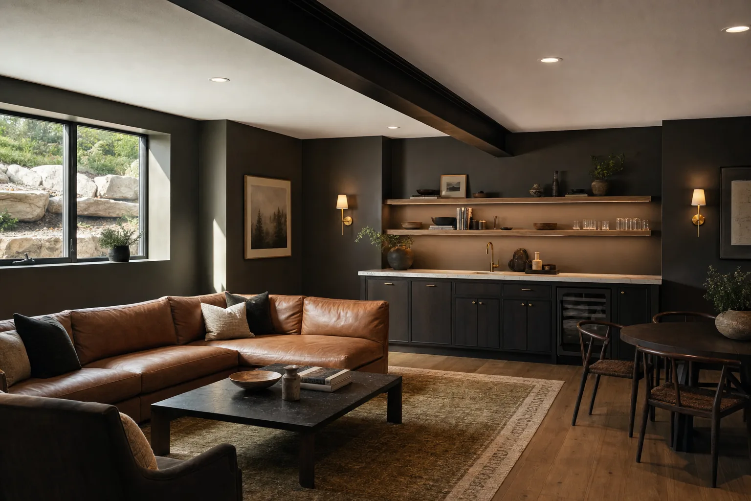 Finished basement lounge with wet bar and warm lighting