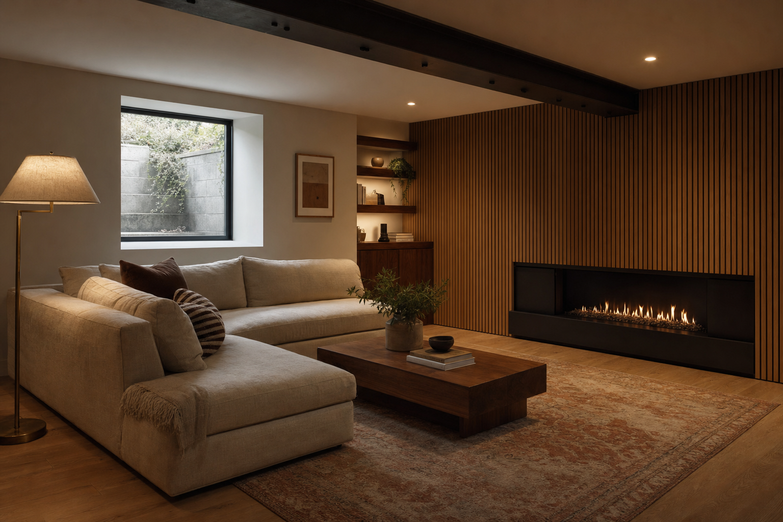 Finished basement lounge with a low gas fireplace set into a vertical oak slat wall, warm linen sectional, and afternoon light through an egress window