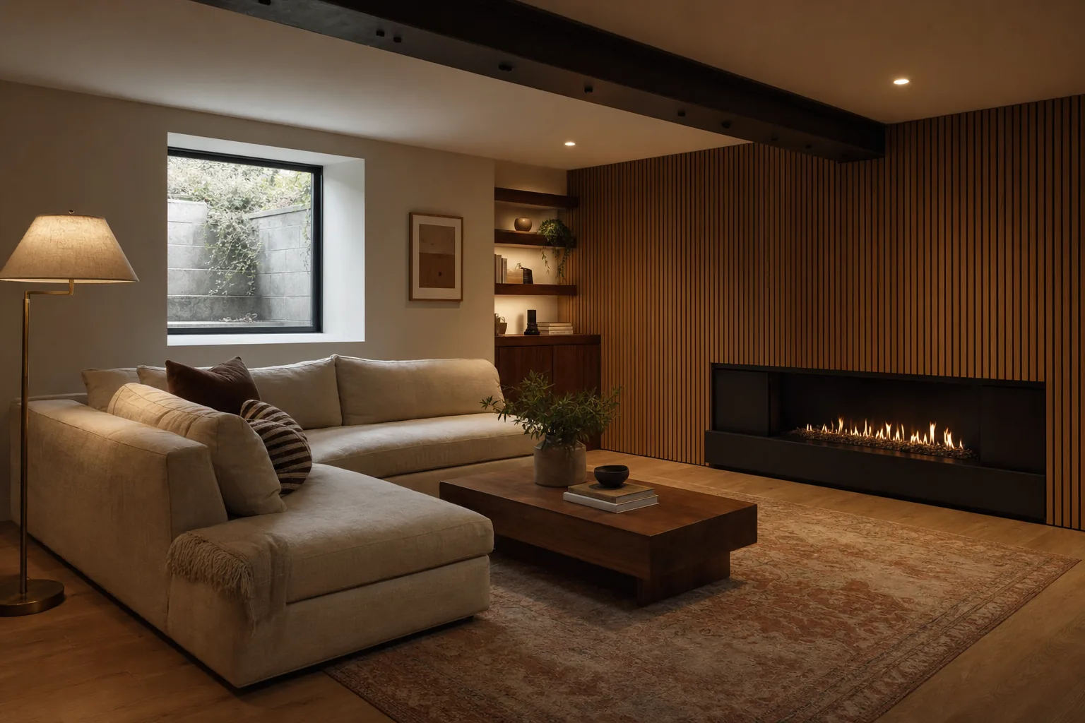 Finished basement lounge with a low gas fireplace set into a vertical oak slat wall, warm linen sectional, and afternoon light through an egress window