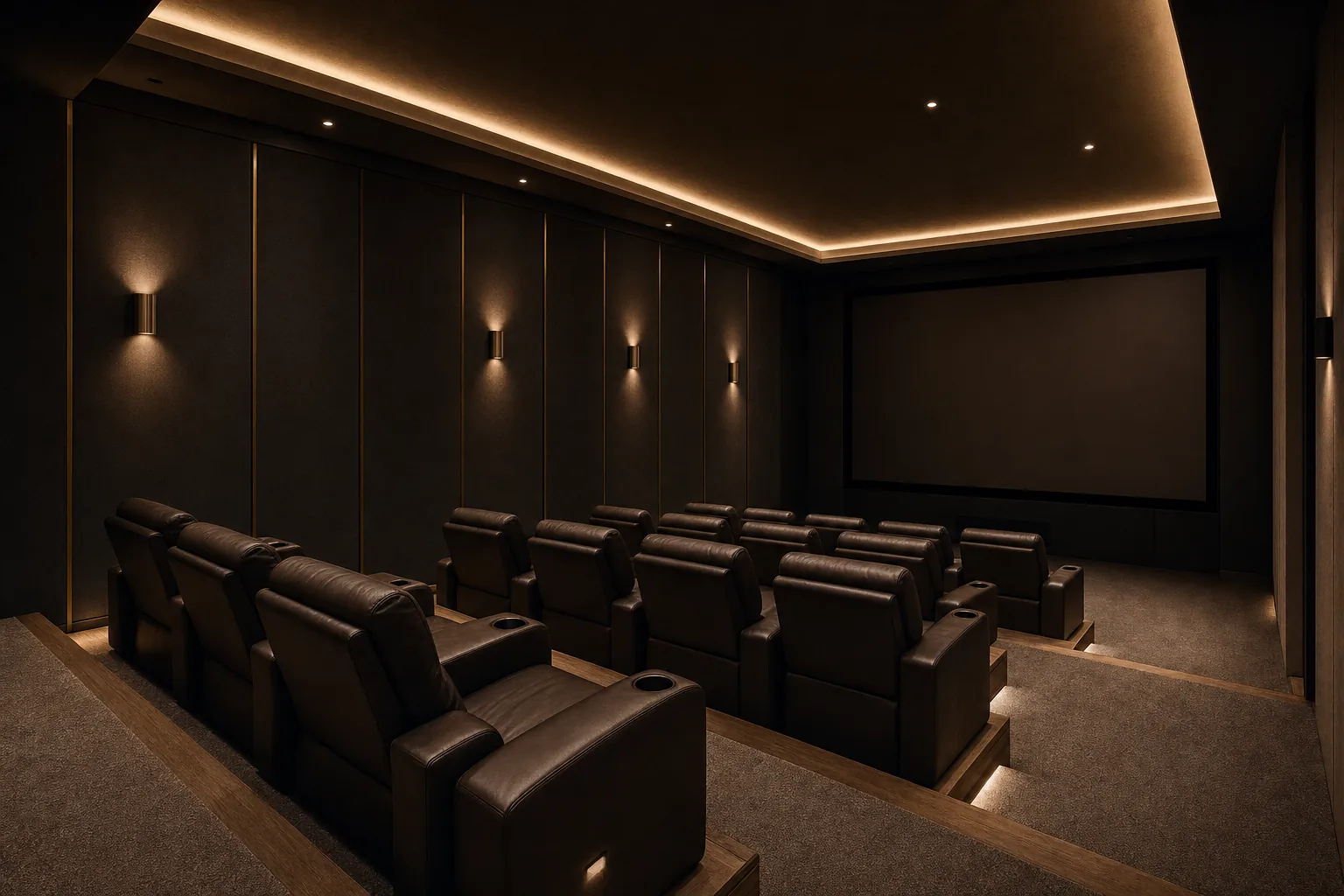 Custom basement home theater with tiered leather seating, acoustic wall panels, brass sconces, and warm cove lighting