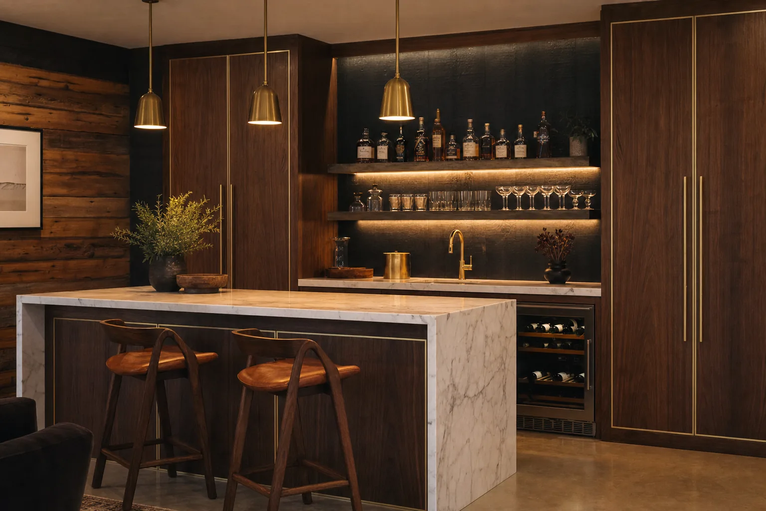 Custom basement wet bar with walnut cabinetry, honed marble waterfall counter, brass pendants, and backlit shelving