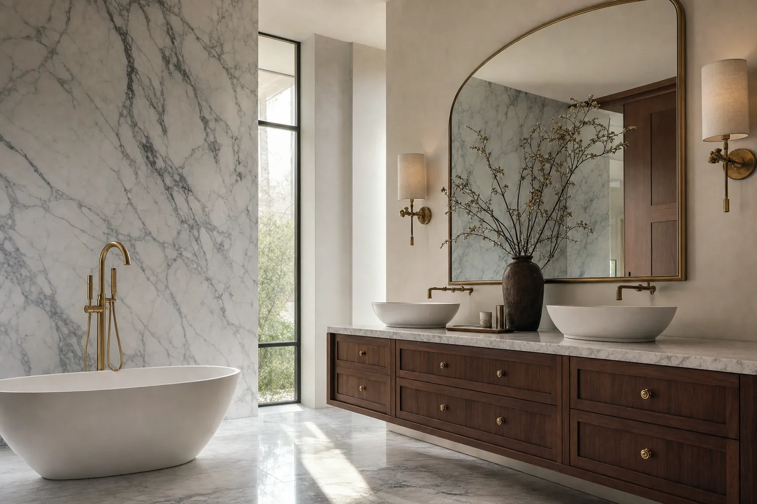 Primary bathroom with book-matched marble, walnut vanity, and a curbless walk-in shower