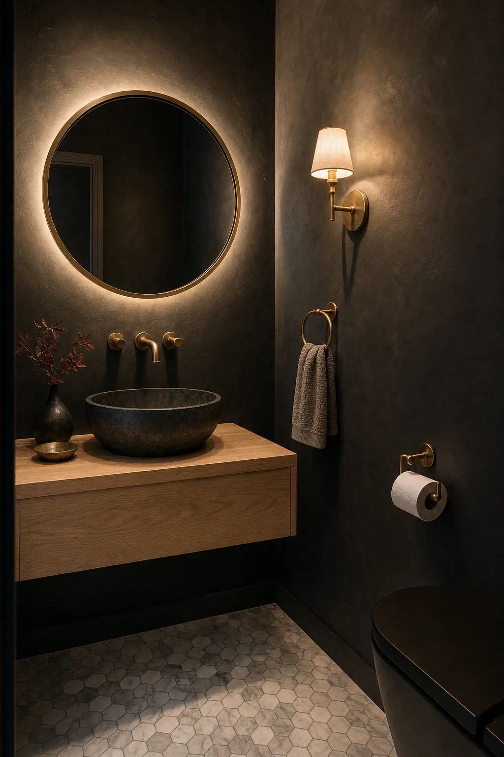 Dark charcoal powder room with a brass sconce, floating walnut vanity, and a sculptural stone vessel sink