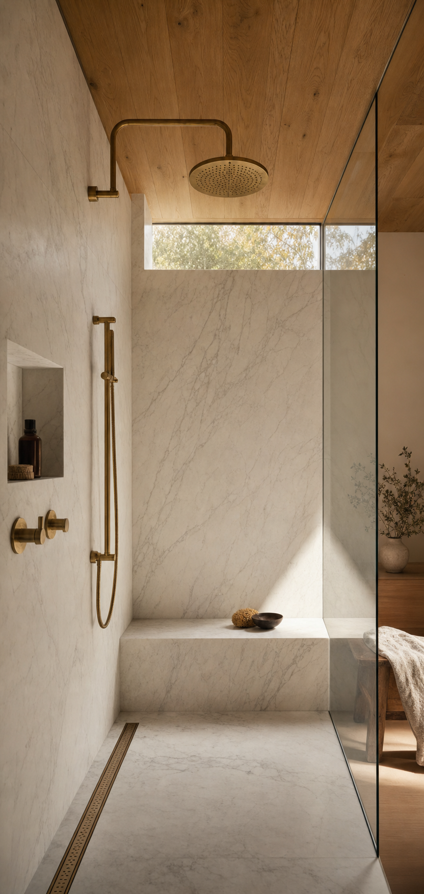 Marble walk-in shower with a curbless threshold, book-matched slab walls, and a brass rain showerhead