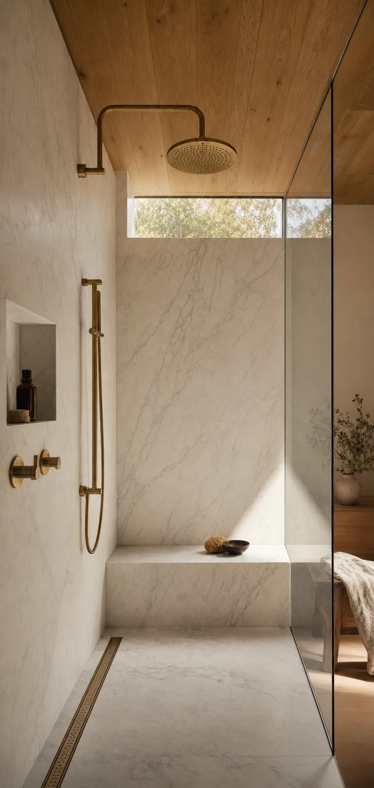 Marble walk-in shower with a curbless threshold, book-matched slab walls, and a brass rain showerhead