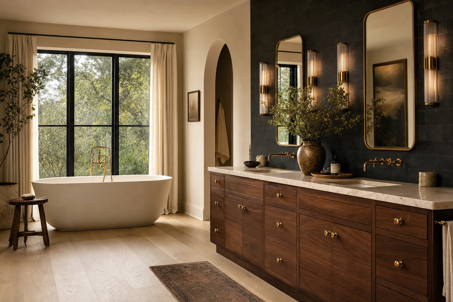 Custom bathroom remodel with stone and brass