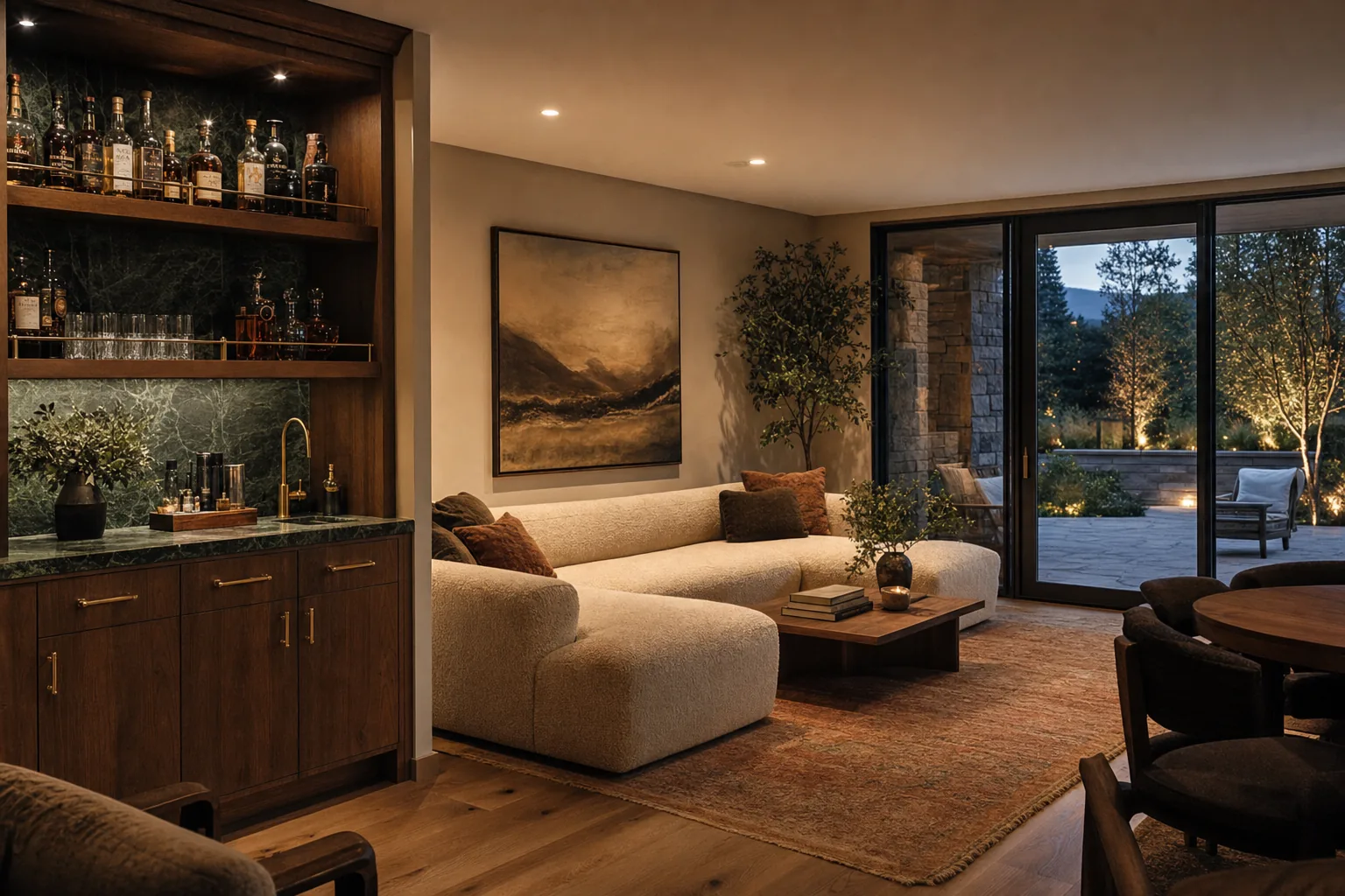 The Green Marble Basement — a finished basement in Fort Collins with green marble and brass details