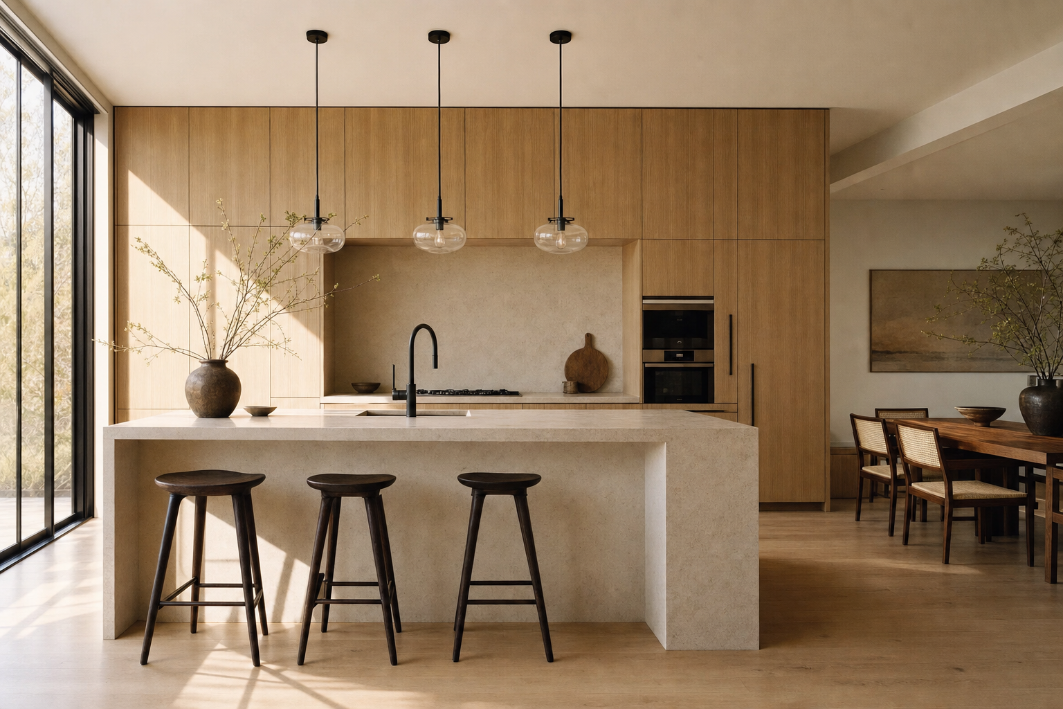 Full-height white oak kitchen cabinetry with a marble waterfall island and integrated paneled appliances