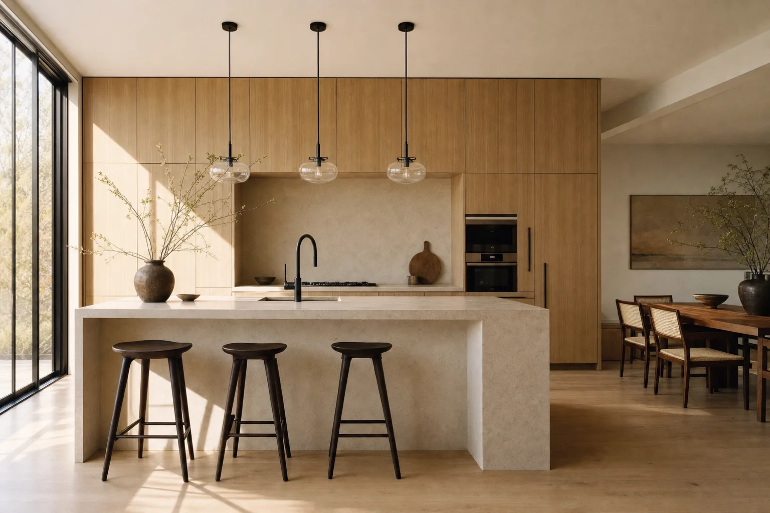 Full-height white oak kitchen cabinetry with a marble waterfall island and integrated paneled appliances