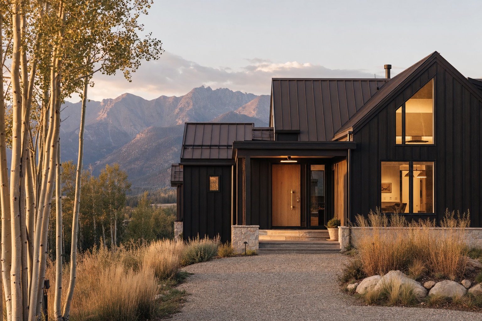 Exterior view of the custom home showing the great room's window wall facing the mountains