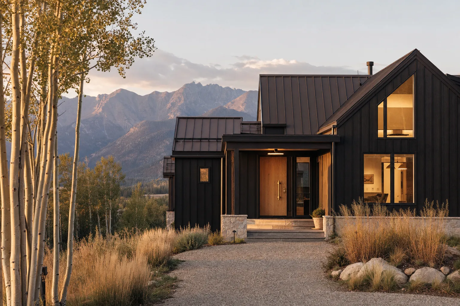 Exterior view of the custom home showing the great room's window wall facing the mountains
