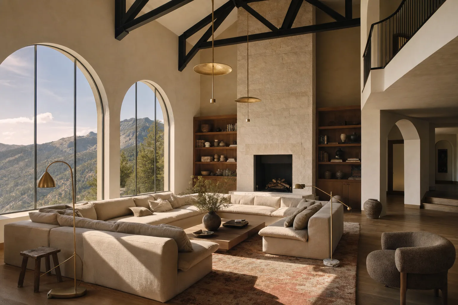 Double-height great room with exposed timber beams, a stone fireplace, and floor-to-ceiling windows facing the mountains