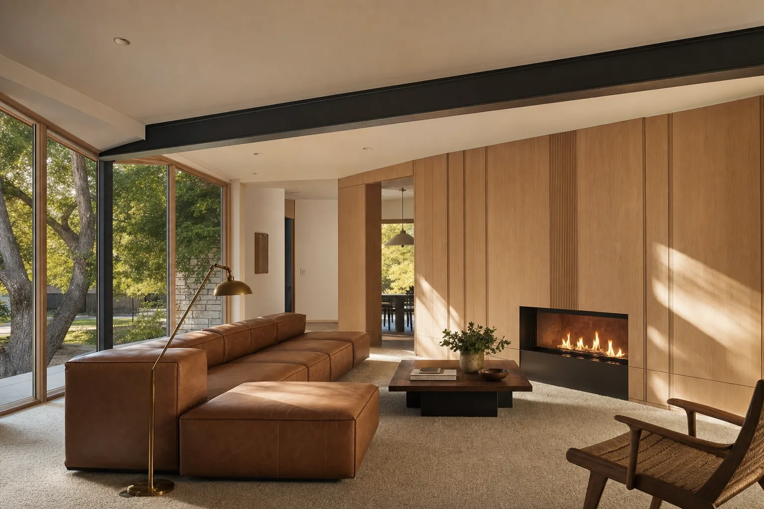 Mid-century-inspired ranch home great room with clean architectural lines and warm wood tones