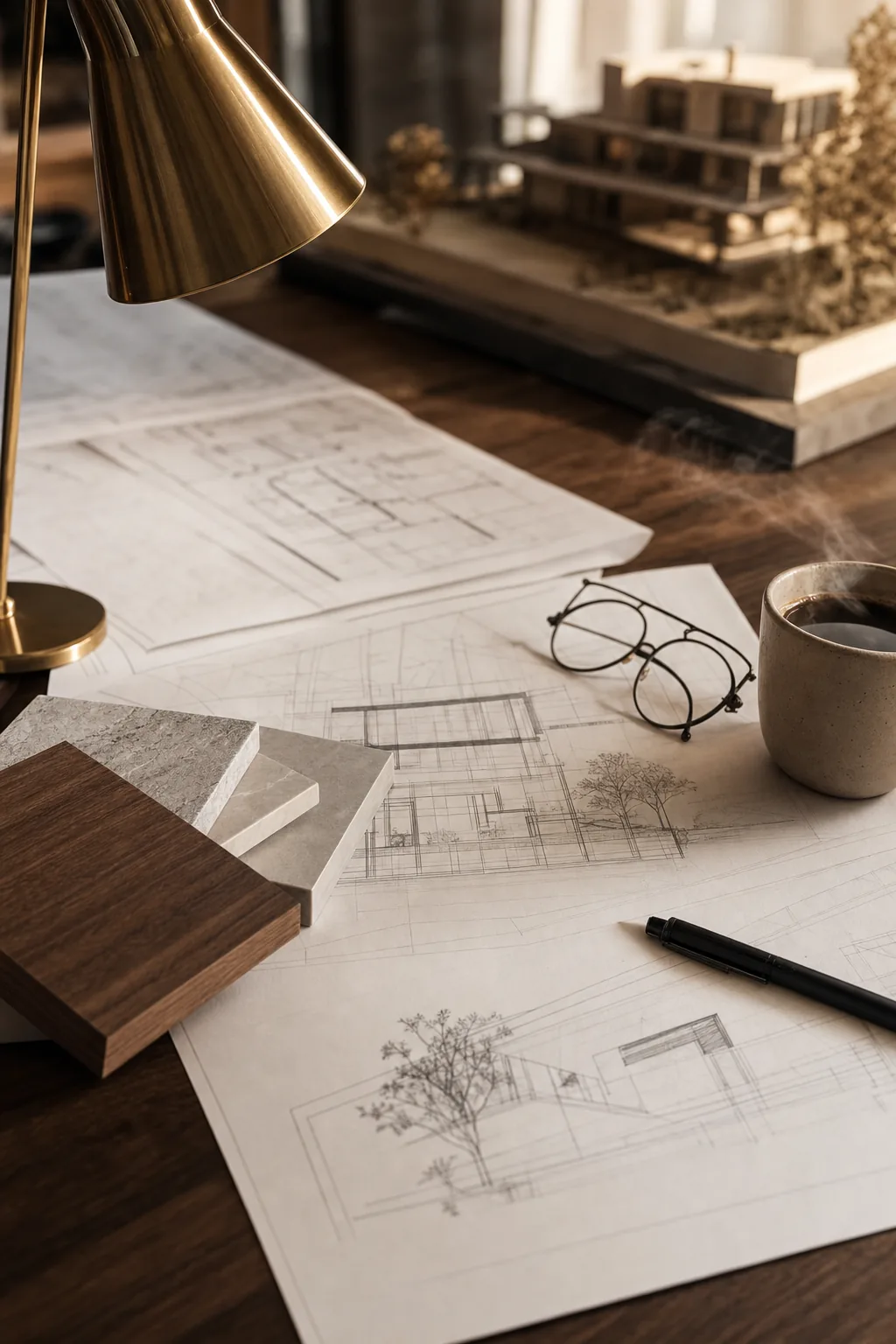 Architectural drawings, material samples, and a working budget spread across a design table