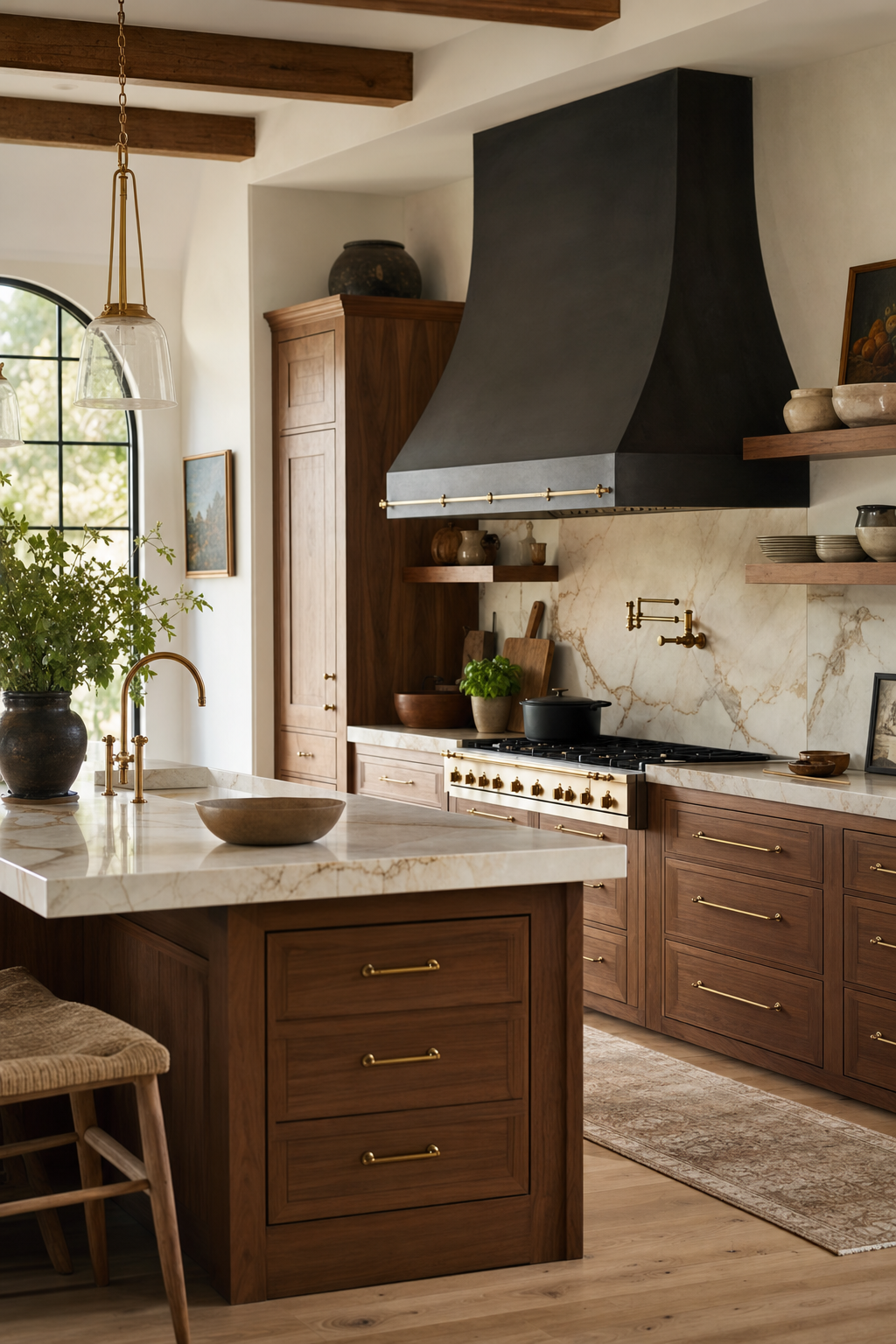 Custom walnut kitchen with brass hardware and warm marble countertops