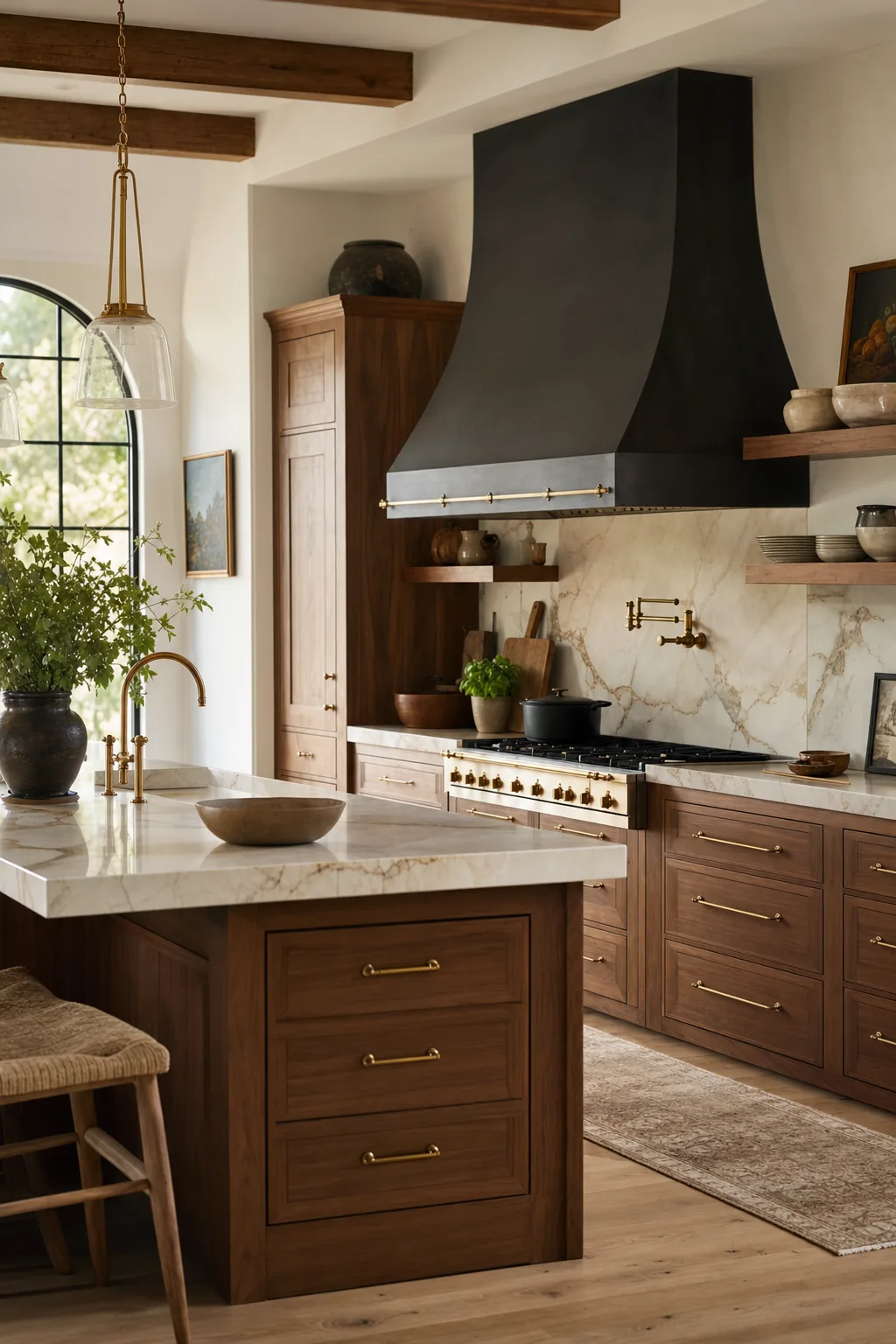 Custom walnut kitchen with brass hardware and warm marble countertops