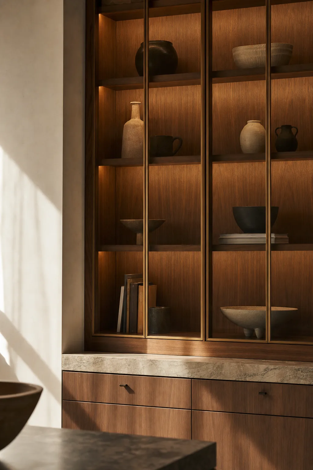 Detail of white oak cabinetry with integrated lighting and dovetailed drawer construction