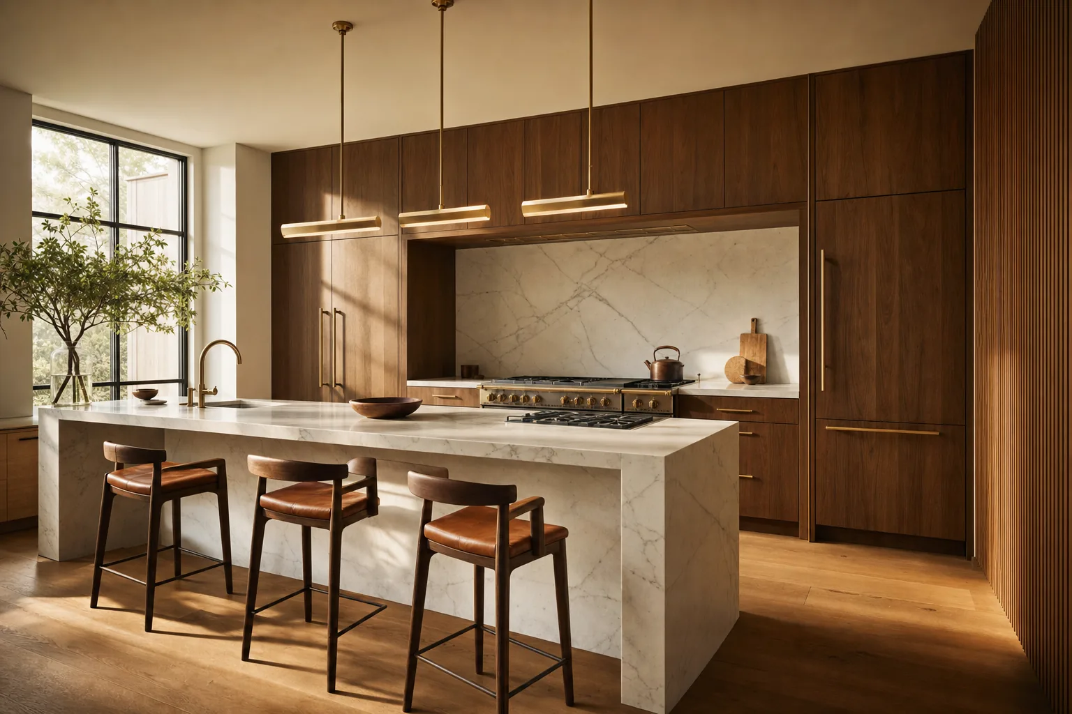 Walnut kitchen with a marble waterfall island, brass fixtures, and integrated paneled appliances