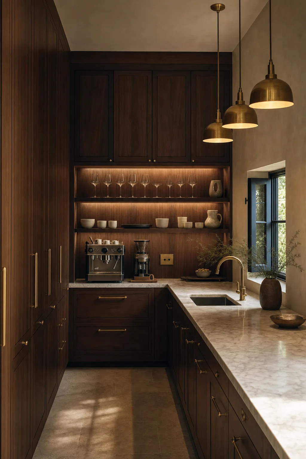 Walnut butler's pantry with full-height cabinetry, a secondary sink, and open display shelving