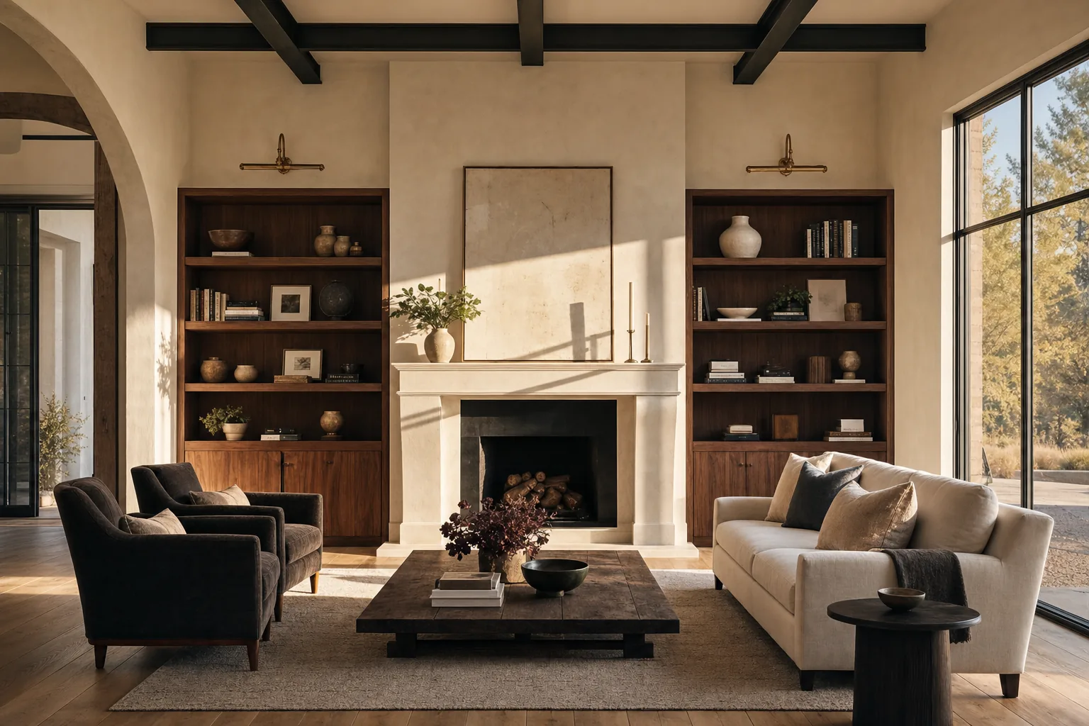 Custom home living room with walnut built-ins